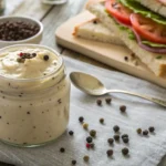 Close-up of creamy peppercorn mayonnaise in a jar with cracked peppercorns on top, placed on a rustic wooden table with a sandwich in the background.