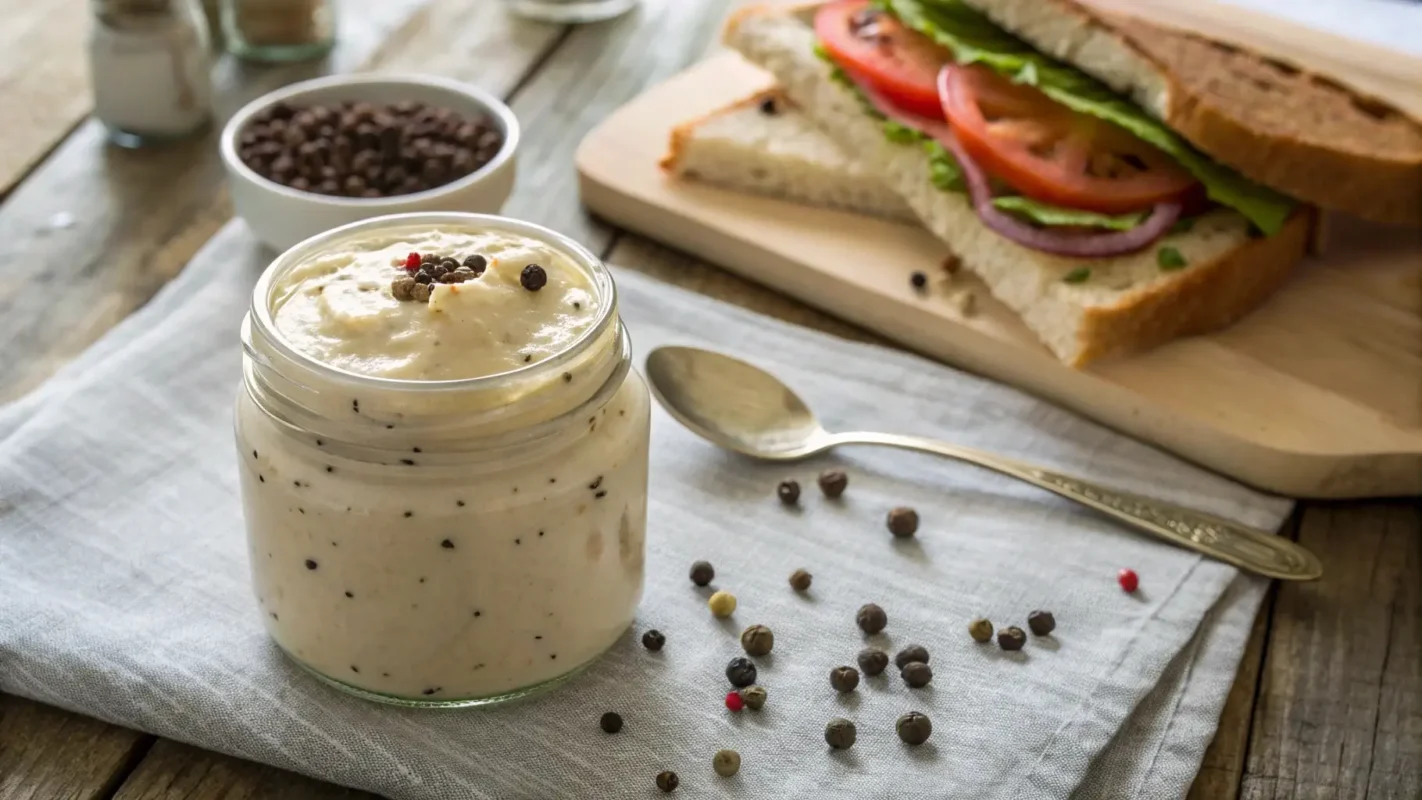 Close-up of creamy peppercorn mayonnaise in a jar with cracked peppercorns on top, placed on a rustic wooden table with a sandwich in the background.