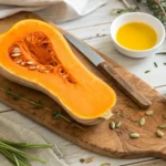 Fresh Italian butternut squash on a rustic wooden cutting board, sliced open to reveal bright orange flesh, surrounded by herbs and cooking ingredients.