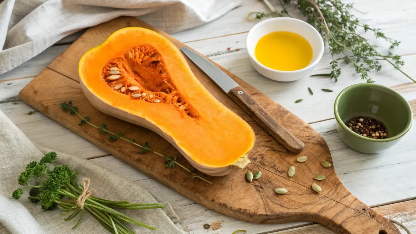 Fresh Italian butternut squash on a rustic wooden cutting board, sliced open to reveal bright orange flesh, surrounded by herbs and cooking ingredients.