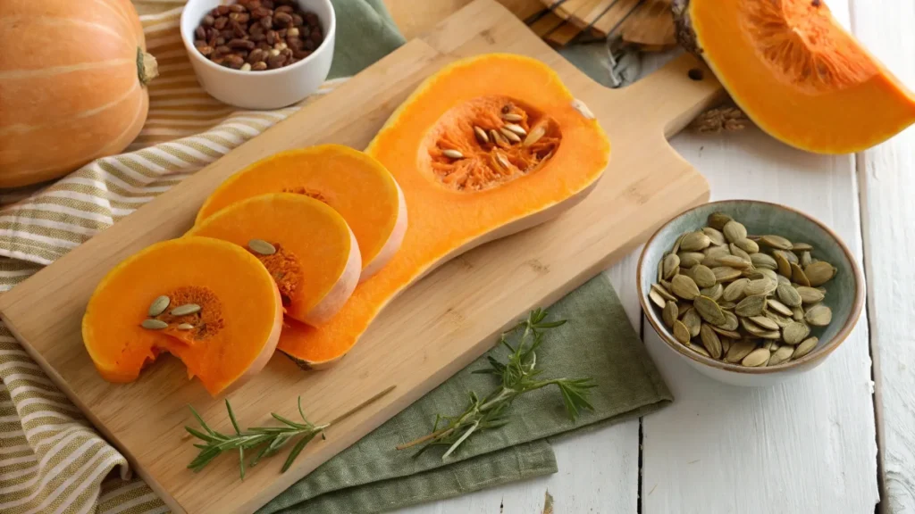 Close-up of sliced butternut squash showing vibrant orange flesh and seeds