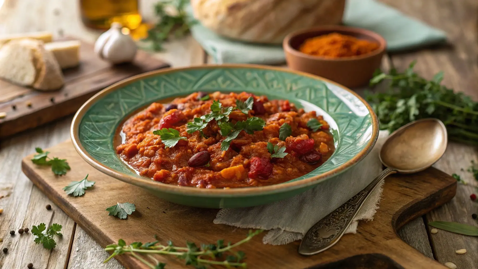 Coaltana recipe served on a rustic plate with fresh herbs and a spoon, in a cozy kitchen setting.