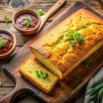 Freshly baked cornbread loaf with a crispy top and fluffy interior, served with barbecue sauce.