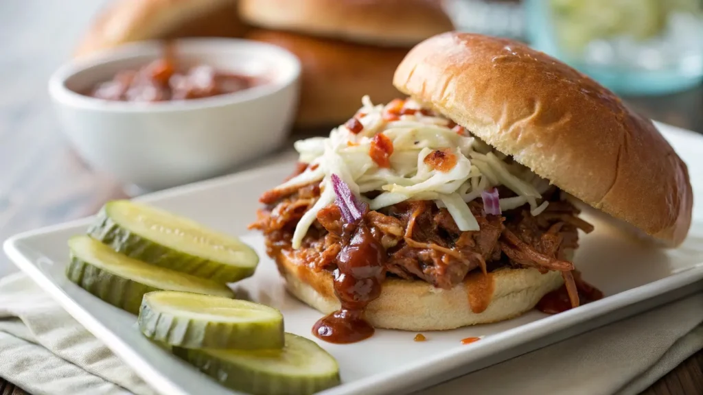 Inside view of a Memphis-style BBQ sandwich showing pulled pork, BBQ sauce, and coleslaw