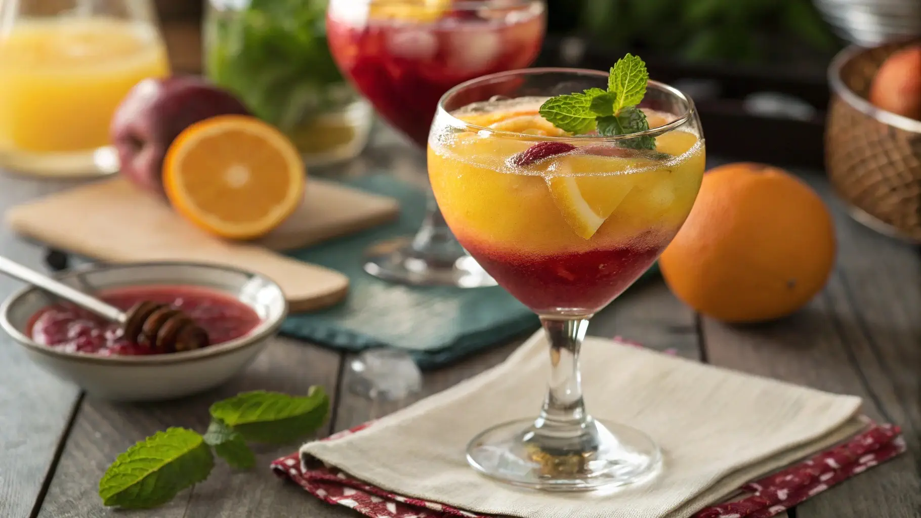 Glass of Mangria with fresh fruits and mint, placed on a rustic wooden table.