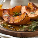 Roasted butternut squash wedges with herbs and olive oil, served on a rustic wooden platter