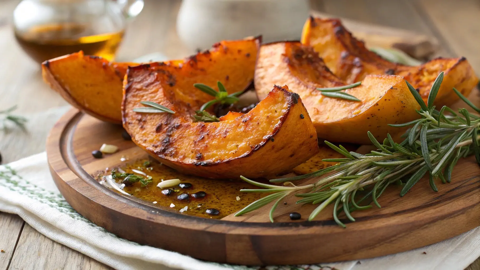 Roasted butternut squash wedges with herbs and olive oil, served on a rustic wooden platter