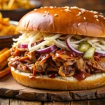 Memphis-style BBQ sandwich with pulled pork, coleslaw, and tangy sauce on a soft bun