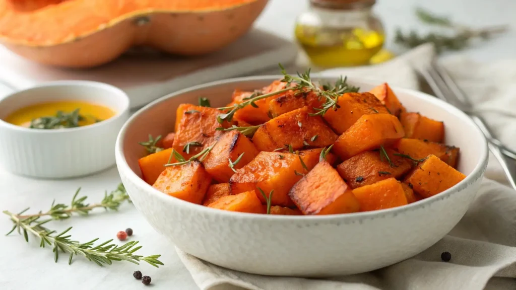 A bowl of roasted Italian butternut squash cubes garnished with fresh herbs, showcasing its caramelized texture and vibrant color.