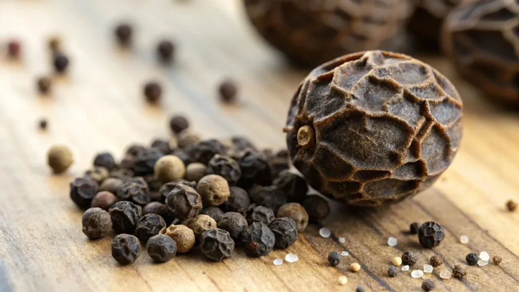 Close-up of a cracked black peppercorn showing the inner seed and outer shell