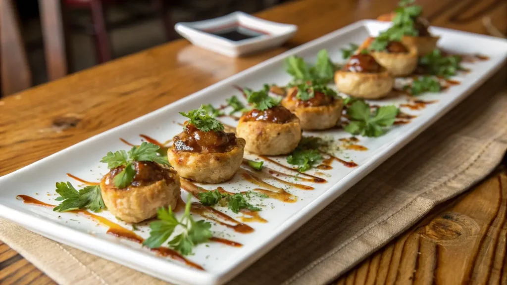 Justalittlebites beautifully plated on a white platter, garnished with parsley and drizzled with sauce.