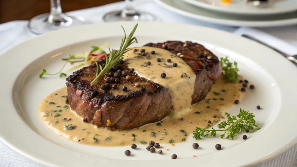 Steak au poivre with creamy peppercorn sauce and fresh herbs, ready to serve.