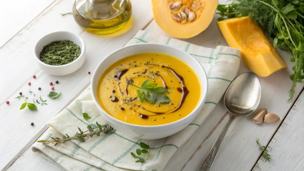 A bowl of Coquina squash soup with herbs and olive oil on a wooden table.