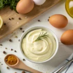 pasteurized eggs on a kitchen counter, with a bowl of homemade mayonnaise in the background, emphasizing safe egg use for making mayo.