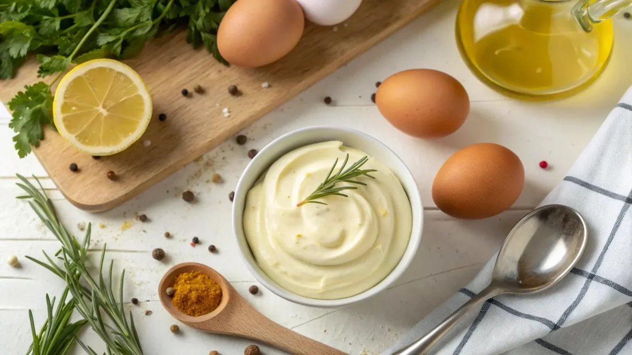 pasteurized eggs on a kitchen counter, with a bowl of homemade mayonnaise in the background, emphasizing safe egg use for making mayo.