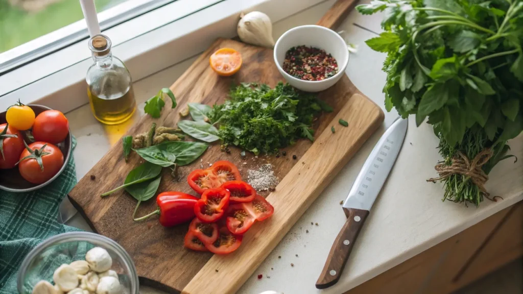 Fresh ingredients for Coaltana, including herbs and vegetables, on a chopping board ready for preparation.