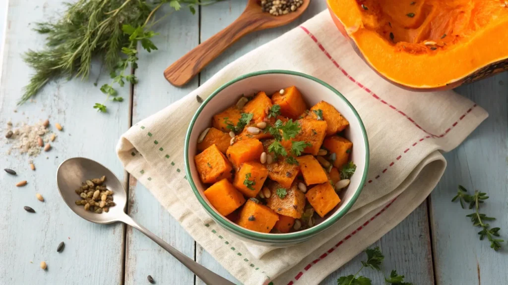 Roasted butternut squash with skin on, garnished with herbs, served in a bowl.