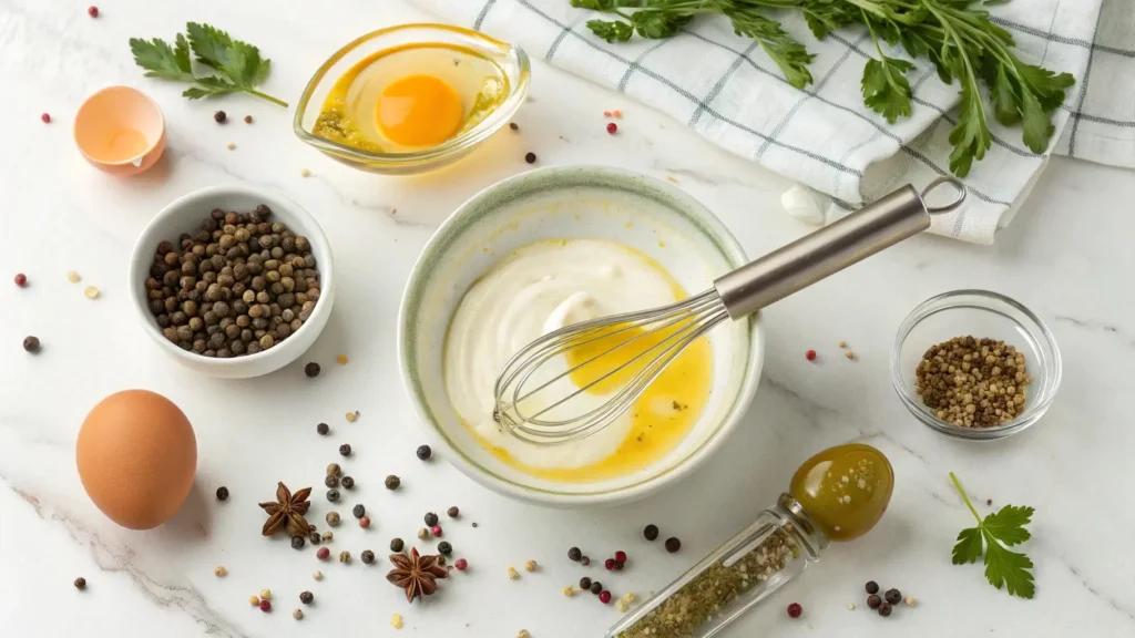 Step-by-step preparation of peppercorn mayonnaise with ingredients on a marble countertop, including egg yolks, oil, and fresh peppercorns.

