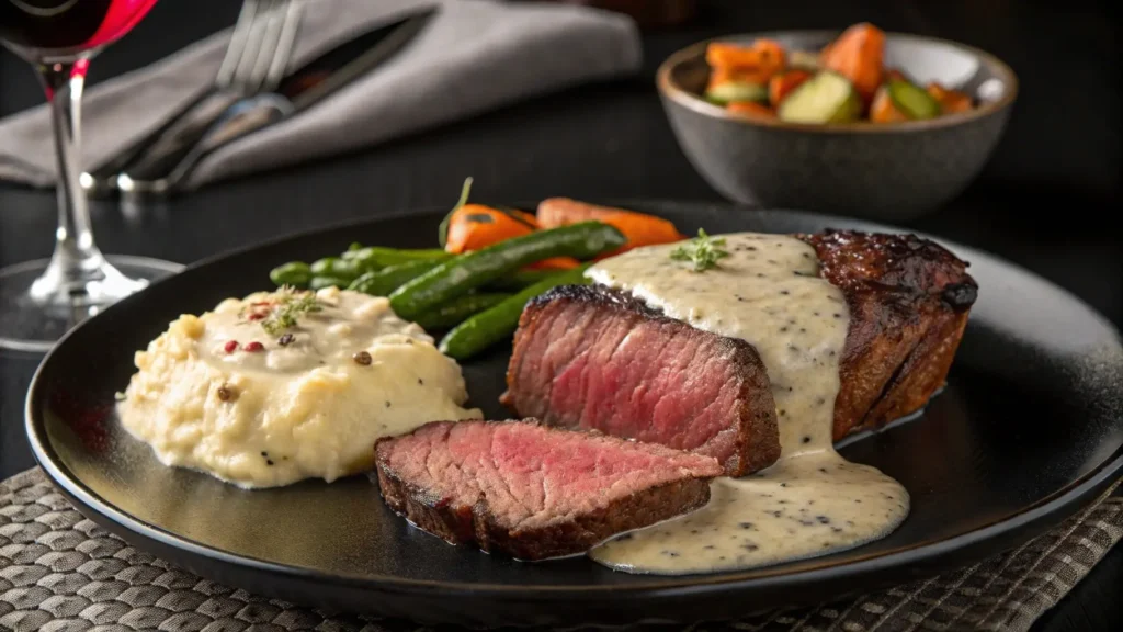 Steak drizzled with Gordon Ramsay’s peppercorn sauce, served with roasted vegetables and mashed potatoes