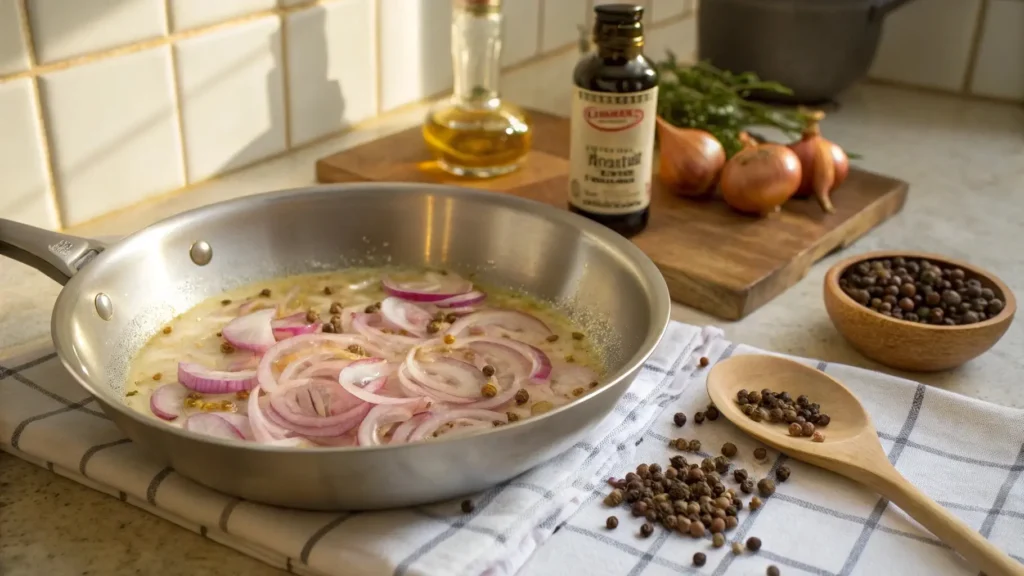 Shallots being sautéed in butter in a skillet, preparing Gordon Ramsay’s peppercorn sauce.