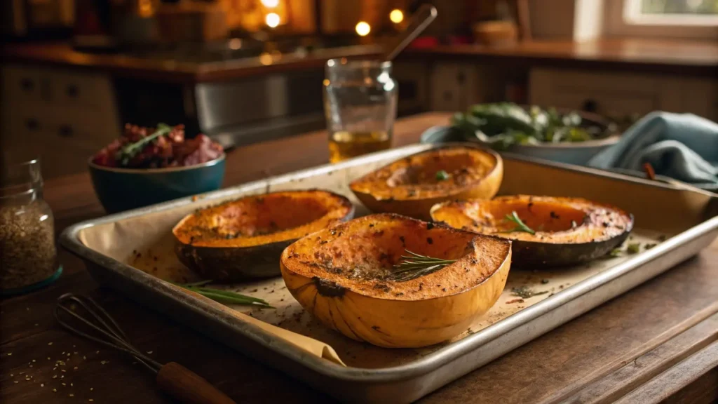 Roasted Coquina squash halves on a baking sheet, garnished with herbs and spices.