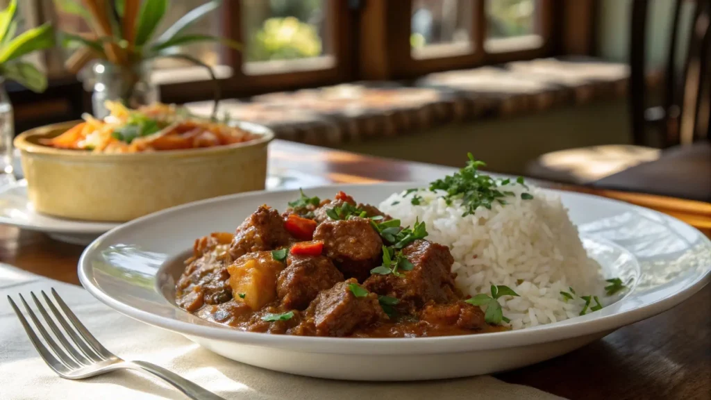 Plated Coaltana dish served with rice and garnished, ready to be enjoyed.