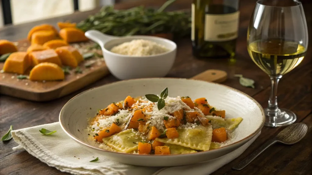 An Italian-inspired dish featuring Italian butternut squash risotto, drizzled with olive oil and topped with Parmesan, served with a glass of white wine.