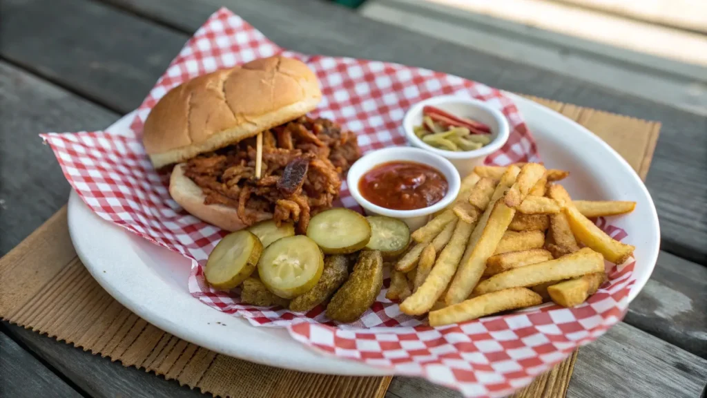 Memphis BBQ sandwich with fries, pickles, and BBQ sauce on a rustic plate