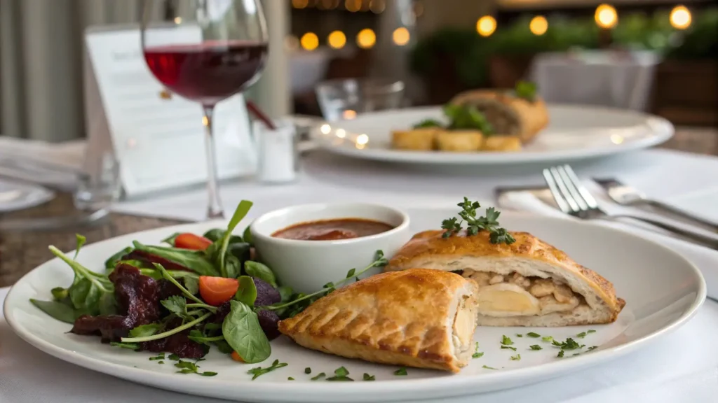 A beautifully plated chicken pastry with mixed greens, dipping sauce, and a glass of wine on a cozy dining table.