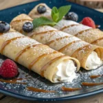 Crispy golden Xangos with cheesecake filling, cinnamon-sugar coating, and caramel drizzle on a wooden kitchen counter.