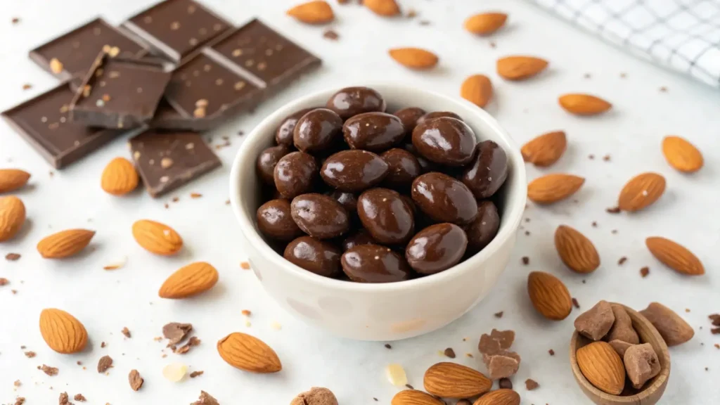 Close-up of chocolate-covered almonds in a bowl with scattered almonds and chocolate pieces